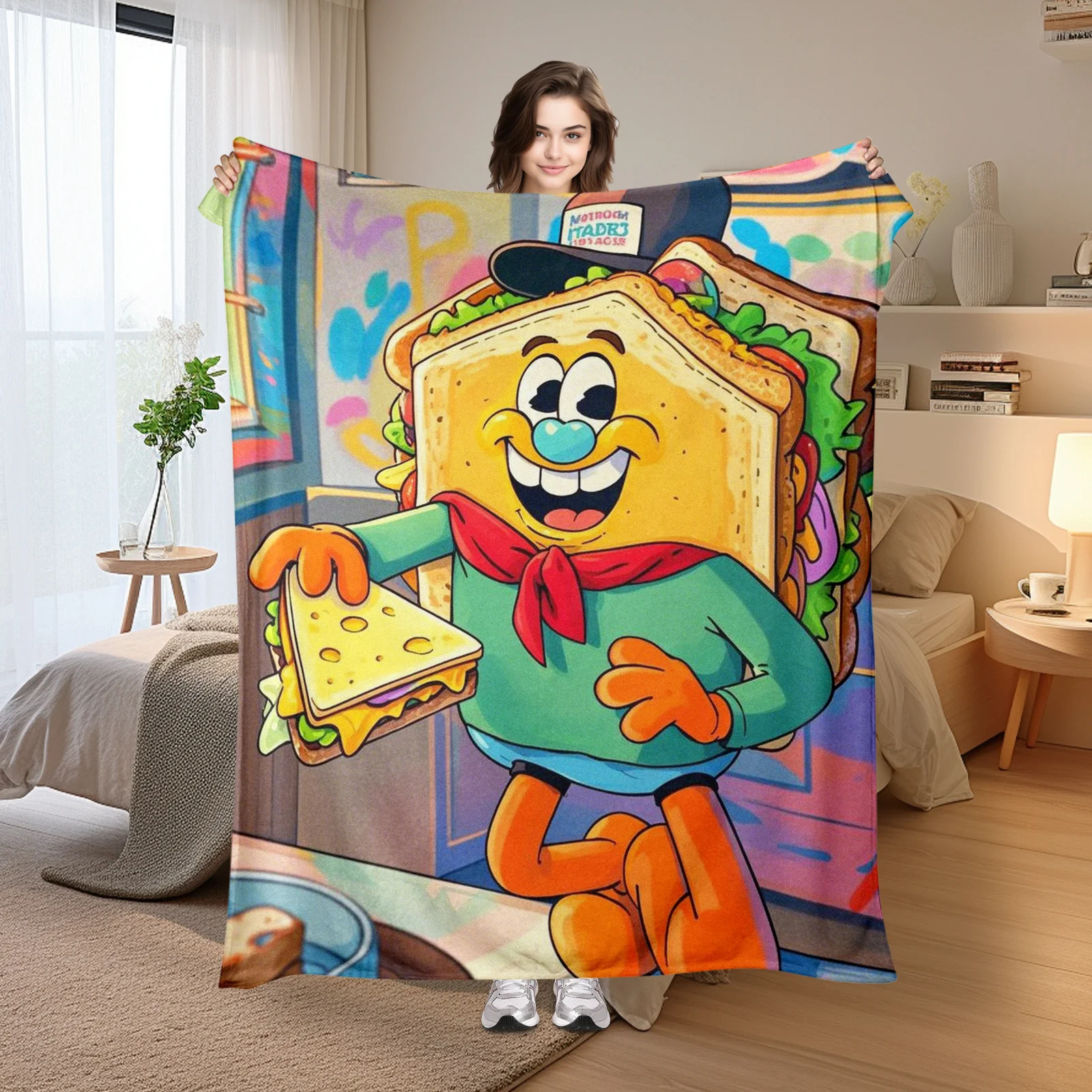 Cartoon Sandwich Hat And Clothing Themed Cozy Throw Blanket For Fun Lovers And Unique Home Decor Enthusiasts In Daily Use