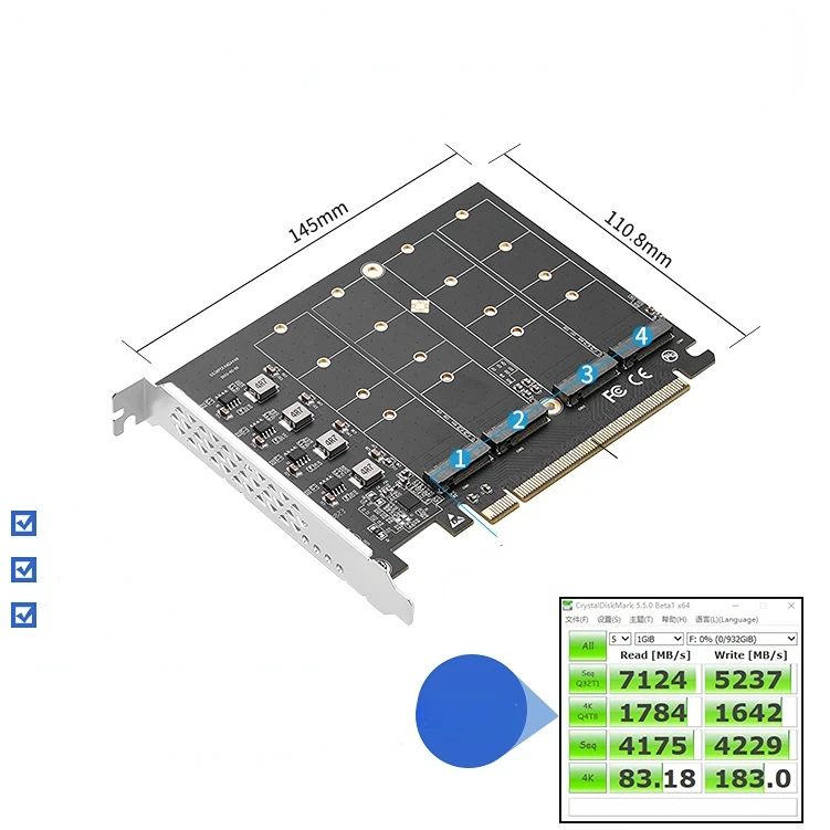 IOCREST M.2 X16 PCIe 4.0 X4 Expansion Card with Heatsink Supports 4 NVMe M.2 2280 Up To 256Gbps Support Bifurcation Raid