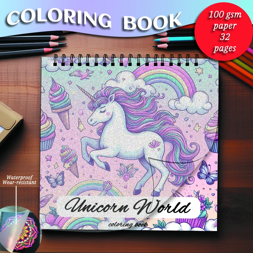 

Unicorn World Coloring Book - 8.27 x 8.27 inches 32 pages coloring book - ideal gift for family or friends