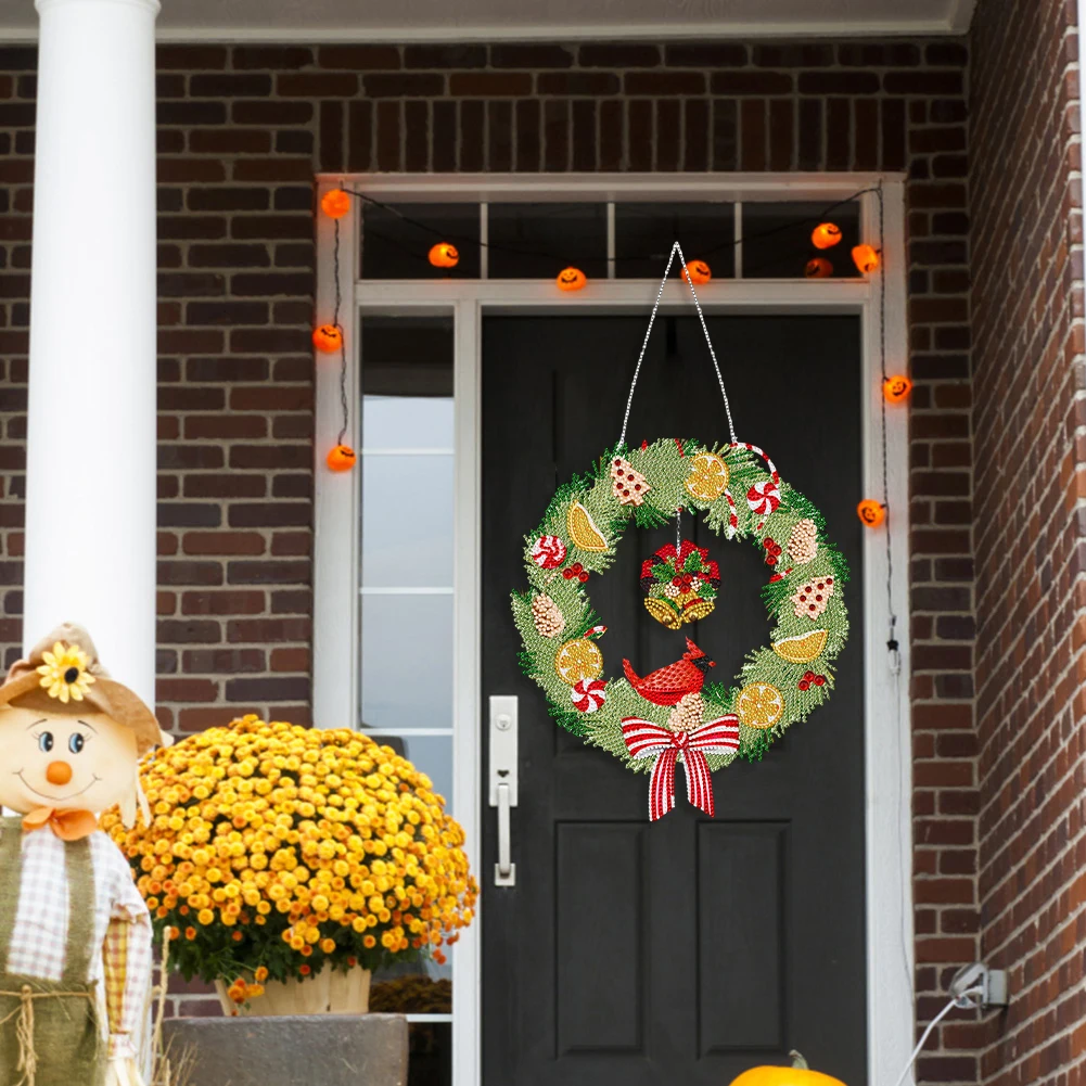 

Special Shaped Diamond Painting Hanging Wreath with LED Light Xmas Bell Christmas Double Penguin for Home Window Door Decor Gift