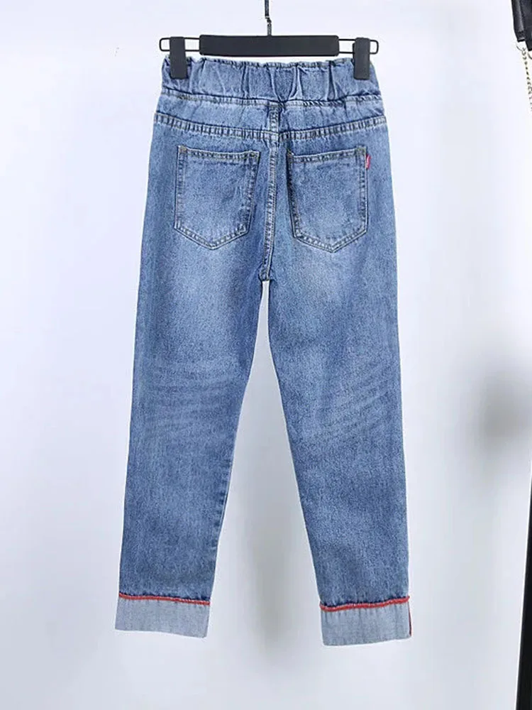 Calças jeans rasgadas de cintura alta feminina, jeans até o tornozelo, streetwear extragrande, moda larga, harém, novo, 26-40