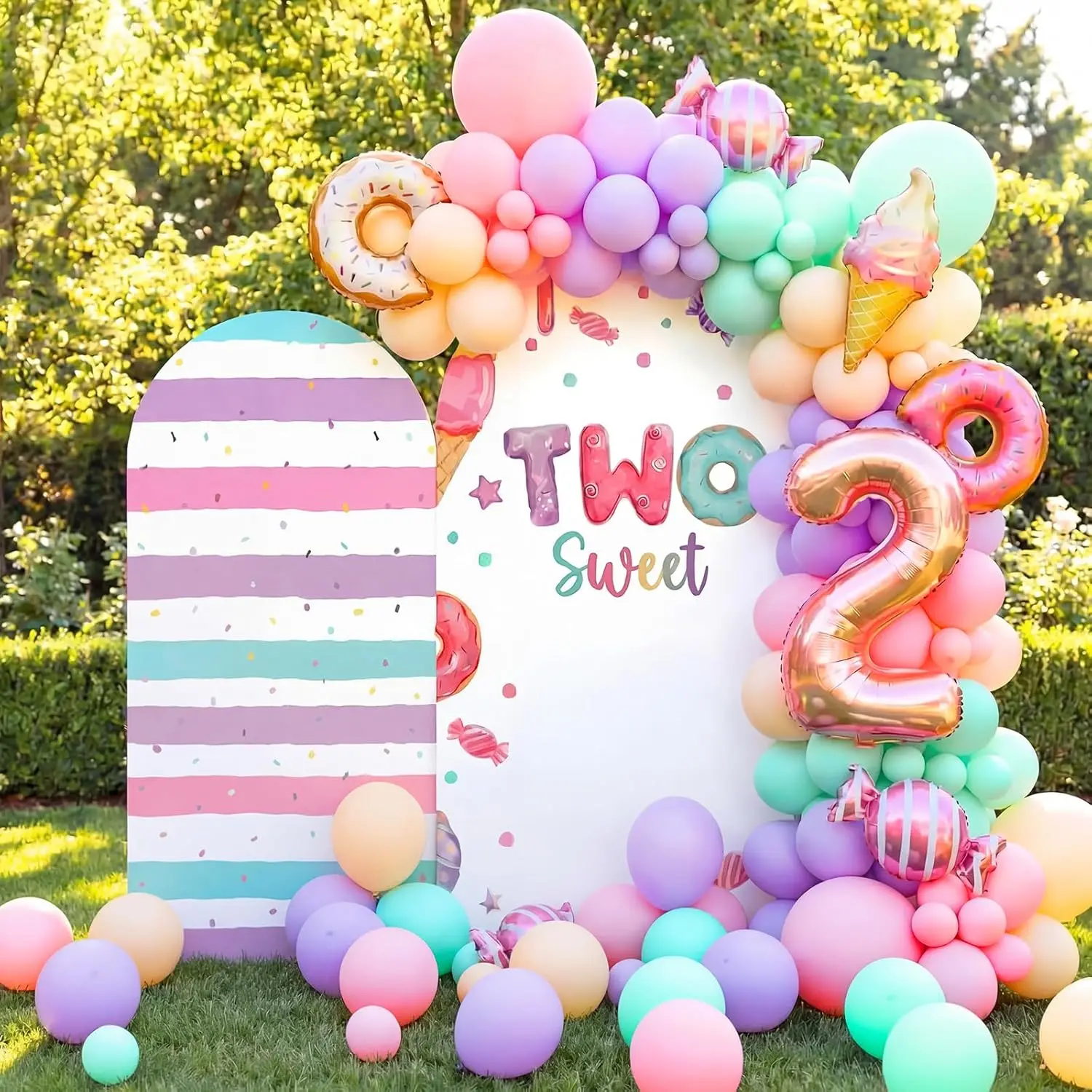 2-sided Two Sweet Birthday Party Background Pink Donut Ice Cream Candy Girl 2nd Birthday Arch Chiara Photo Backdrop Covers