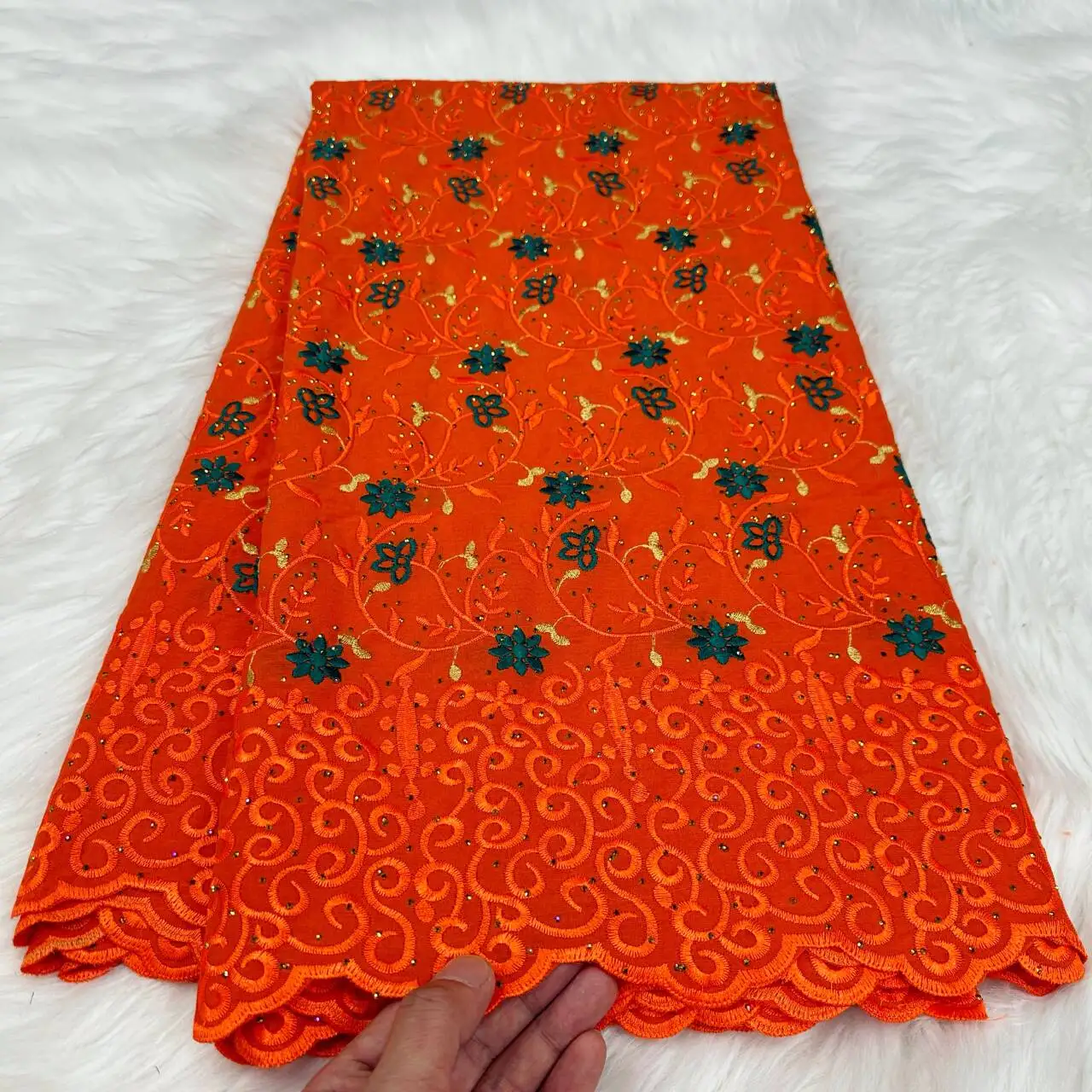 

Cotton Swiss Voile Embroidery Swiss Lace Orange African Nigerian Lace With Stones Party Dress 5 Yards