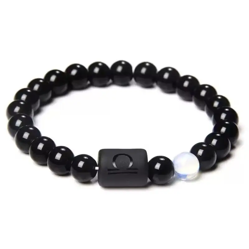 Zodiac Constellations Natural Black Agate Stone Bracelets for Men and Women Beaded Bracelet Jewelry Gifts