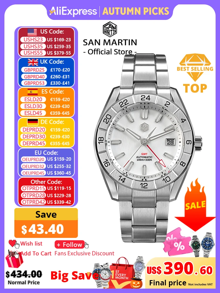 San Martin 42mm MOP Dial Men's Luxury Watches Business Dress Watch NH34 GMT Automatic Mechanical Sapphire Luminous 10Bar SN0130