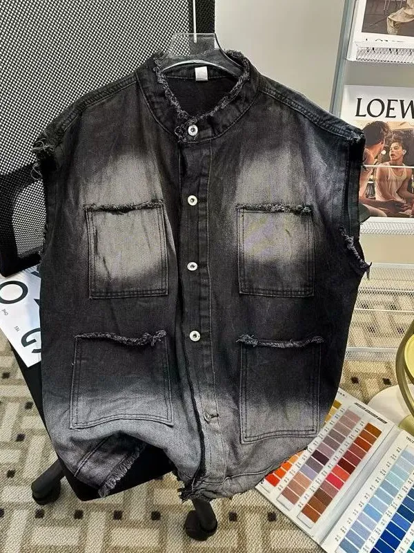 

Waed American High Street Men's Denim Vest Trendy Brand Layering Jeans Jaet adient Frayed oulder Pad Vest
