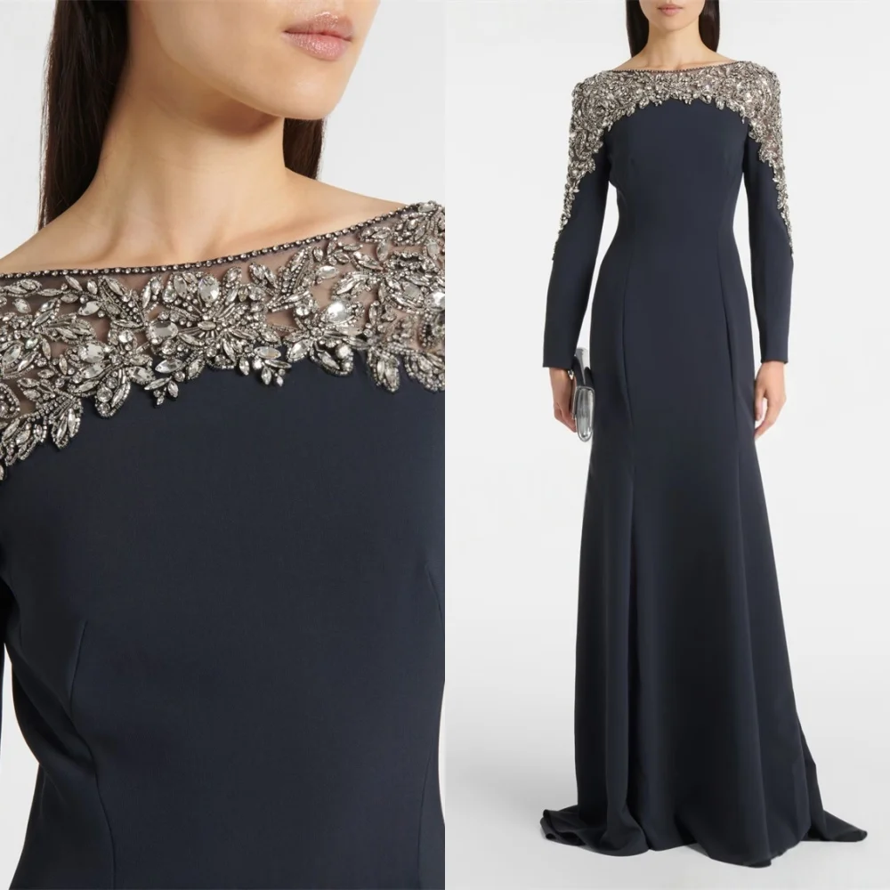 

Customized Fashion Black Jersey Evening Dress Exquisite Long Sleeves Homecoming Dresses Sweep Train Special Occasion Gowns