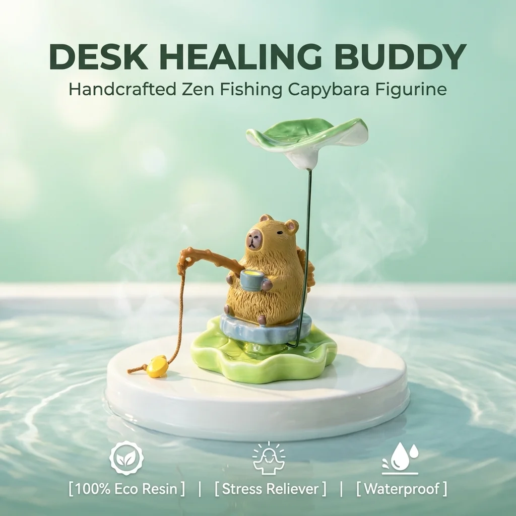 Creative Fishing Animal Miniature Capybara Cat Panda Resin Doll Lotus Umbrella Ornament for Desktop Car Center Console Gift