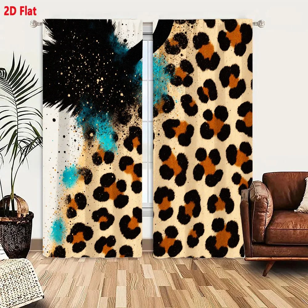 2Pcs Curtains 2D Flat Leopard - Print Pattern Light Beige Base With Black Spots Tan Oval Spots And Black Feather - Like Shape Te