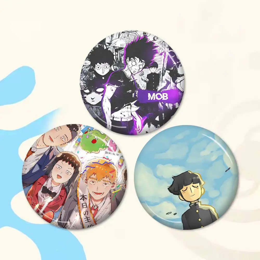 Japan Anime Mob Psycho 100 58mm Cute Anime Figure Icon Badge Handmade Tinplate Brooch for Backpack Clothes Chest Ornament Gifts