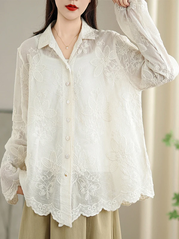 

Retro Collar Hook Flower Long Sve Women's irt Spring New Gentle Sle Lace Splicing Embroidery Blouse Loose Fit Thi...