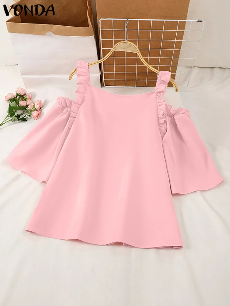 فوندا بلوزة نسائية كبيرة الحجم 2025 صيفية بدون أكتاف تانك القمم موضة قمصان مكشكشة بلون القمم تونك بلوزة فضفاضة غير رسمية #5