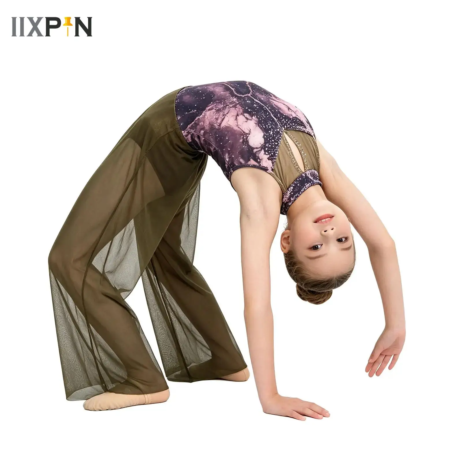 

Kid Girls Ballet Lyrical Dance Jumpsuit Sleeveless Shiny Rhinestones Built in Briefs Wide-Leg Bodysuit Latin Jazz Modern Unitard