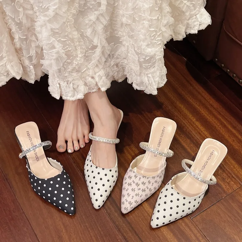 

YNPO High Heels Polka Dot Women Slippers Rhinestone Strap Cover Toe Slingback Mules Shoes Summer Party Dress Female Slides Shoes