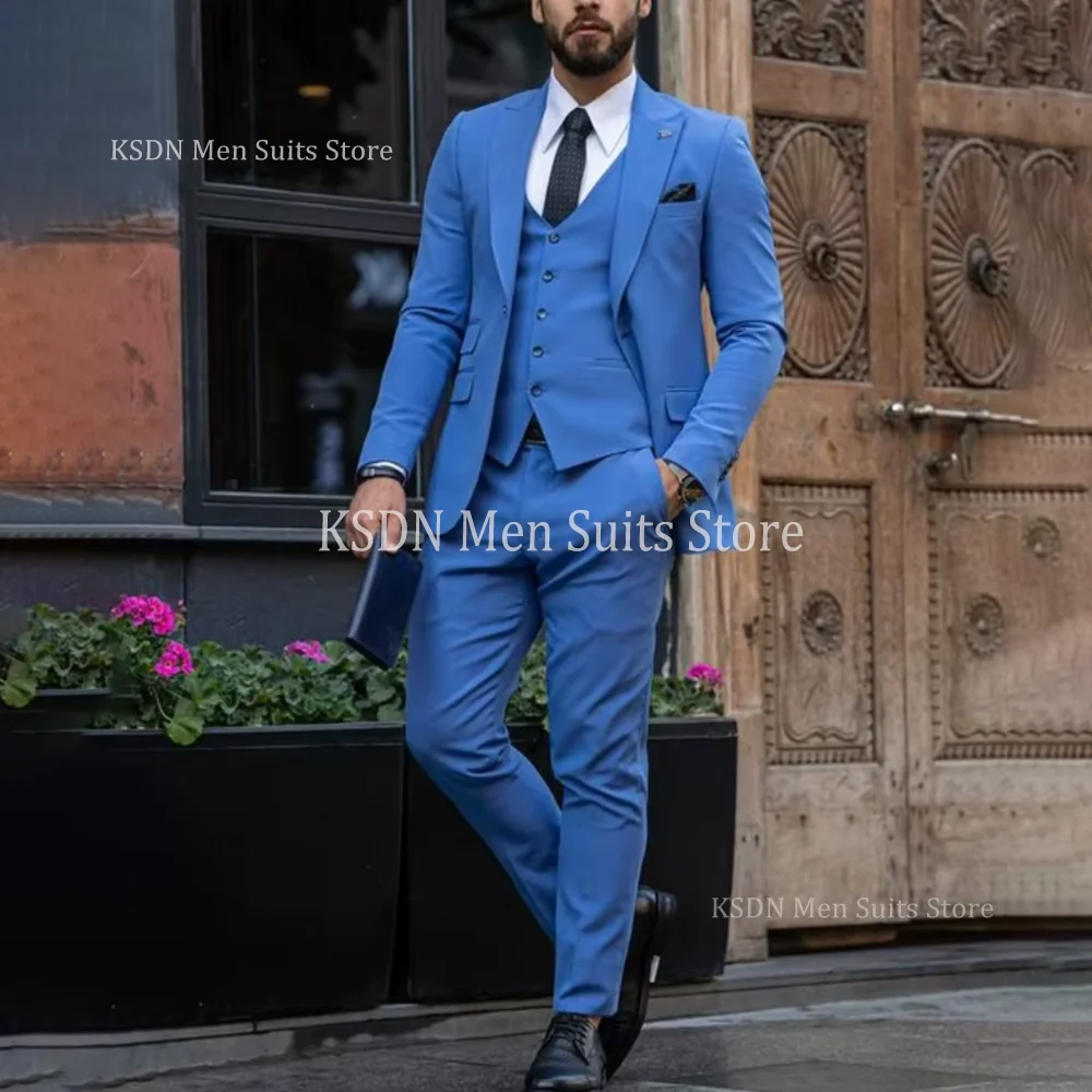 

Blue Notch Lapel Suits For Men Classy Single Breasted Slim Fit 3 Piece Jacket Pants Vest Male Business Activity Formal Costumes