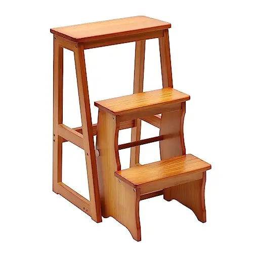 Wooden Folding Library Ladder Chair, 3-Step Multifunctional Step Stool, Display Ladder and Storage Shelf for Kitchens