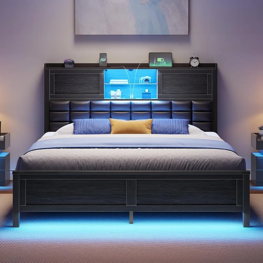 

Bed Frame Queen Size with Charging Station, Bookcase Headboard with LED Light and Sliding Doors, Platform Bed with Wooden Slats