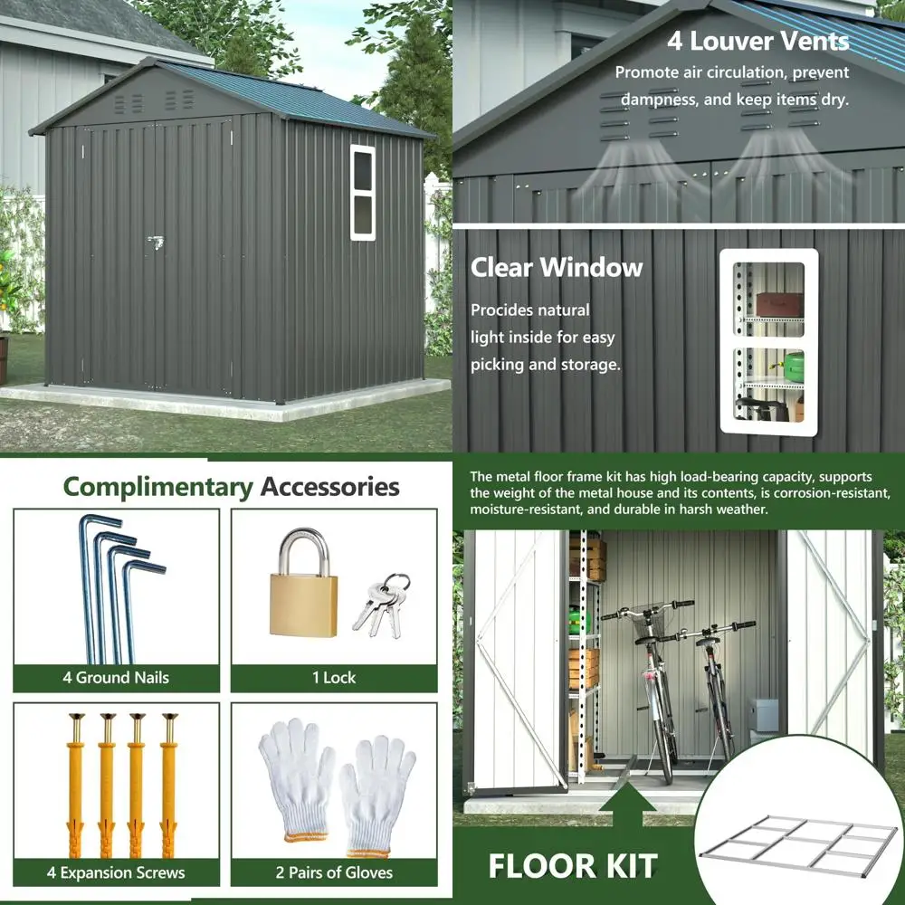 

6ft by 6ft Galvanized Steel Outdoor Storage Shed with Floor Frame for Garden and Utility Storage in Your Backyard