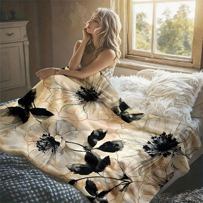 Monochrome Poppy Flower Flannel Blanket Perfect for Sofa Office Bed Travel Sleep Read Relax Camping Four Season Use