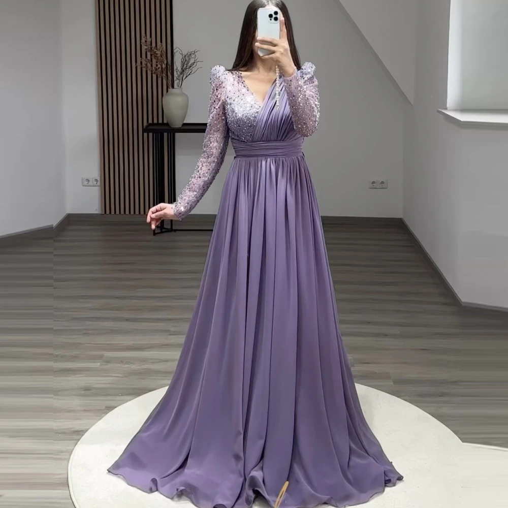 Sexy V-Neck A-Line Evening Dresses 2023 Women Pleated Sequined Long Sleeves Chiffon Wedding Guest Elegant Formal Party Gowns