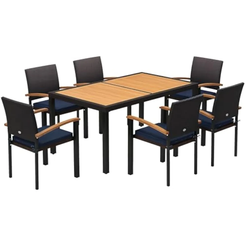 

7 Pieces Patio Dining Set with Space-Saving Design, Wicker Patio Furniture Set Outdoor Dining Set with Acacia Wood Table Top, C