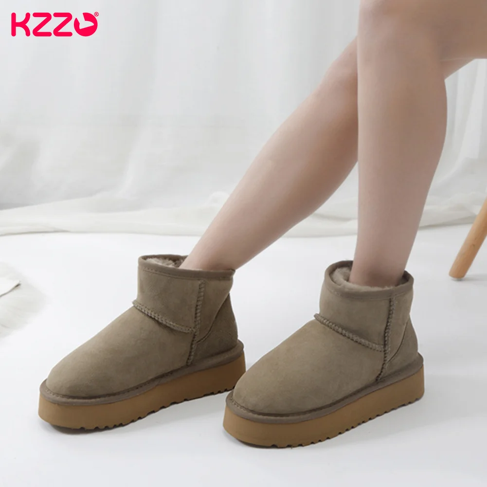 KZZO Australia Classic Platform Snow Boots Women Sheepskin Suede Leather Natural Fur Wool Lined Casual Ankle Winter Warm Shoes