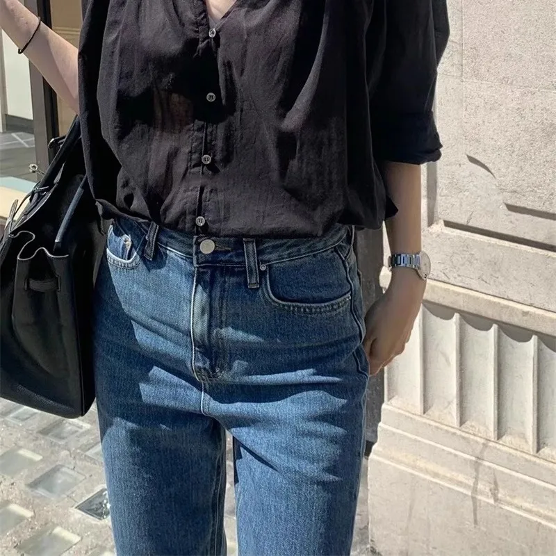 

Sli Retro Dongda Gate 24 Autumn Versatile mid High Waist Straight Leg Slimming Casual Jeans Women's Long Pants Deep Color