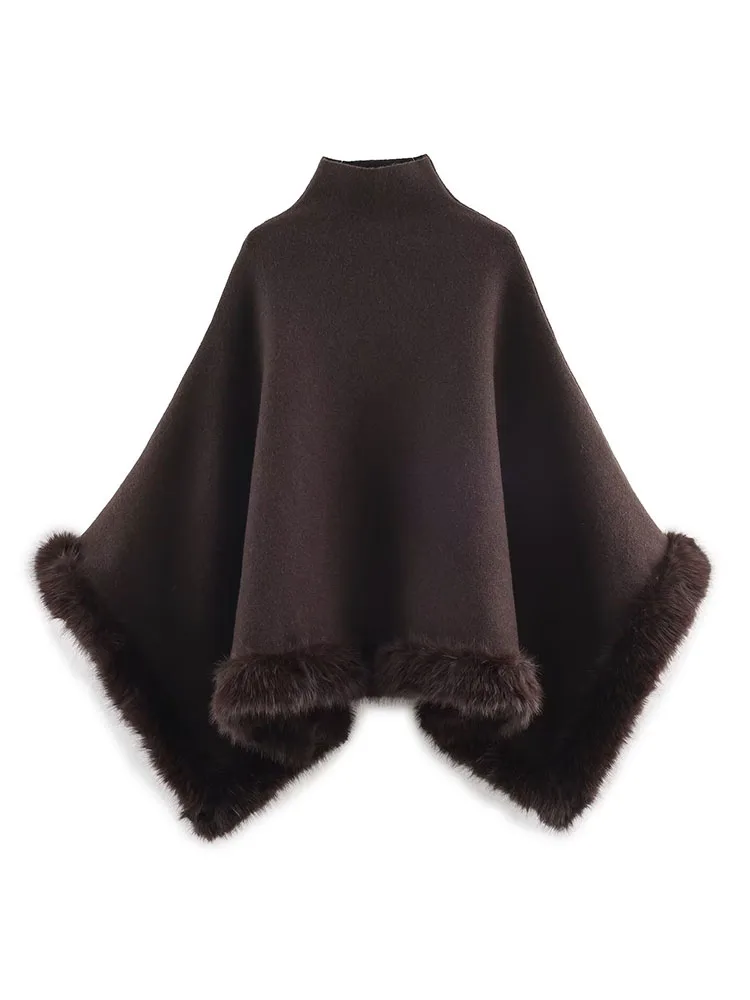 

HH Women's New Fashion Chic Sweater Coats High Collar Artificial Fur Trim Cape Female Spring Casual Loose Brown Knitted Tops