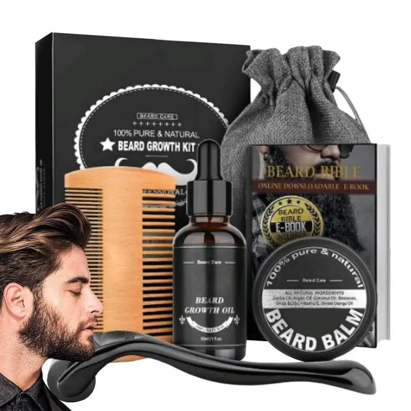 Beard Barba Grooming Set para Homens, Óleo de Crescimento De Barba, Enhancer De Cabelo, Cuidado De Bigode Mais Grosso, Saco De Pente, 5Pcs