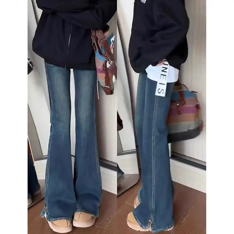 

High Waist Bell Bottom Jeans Women's Spring Autumn New Style Elastic Slimming Design Trendy Street Style Long Pants