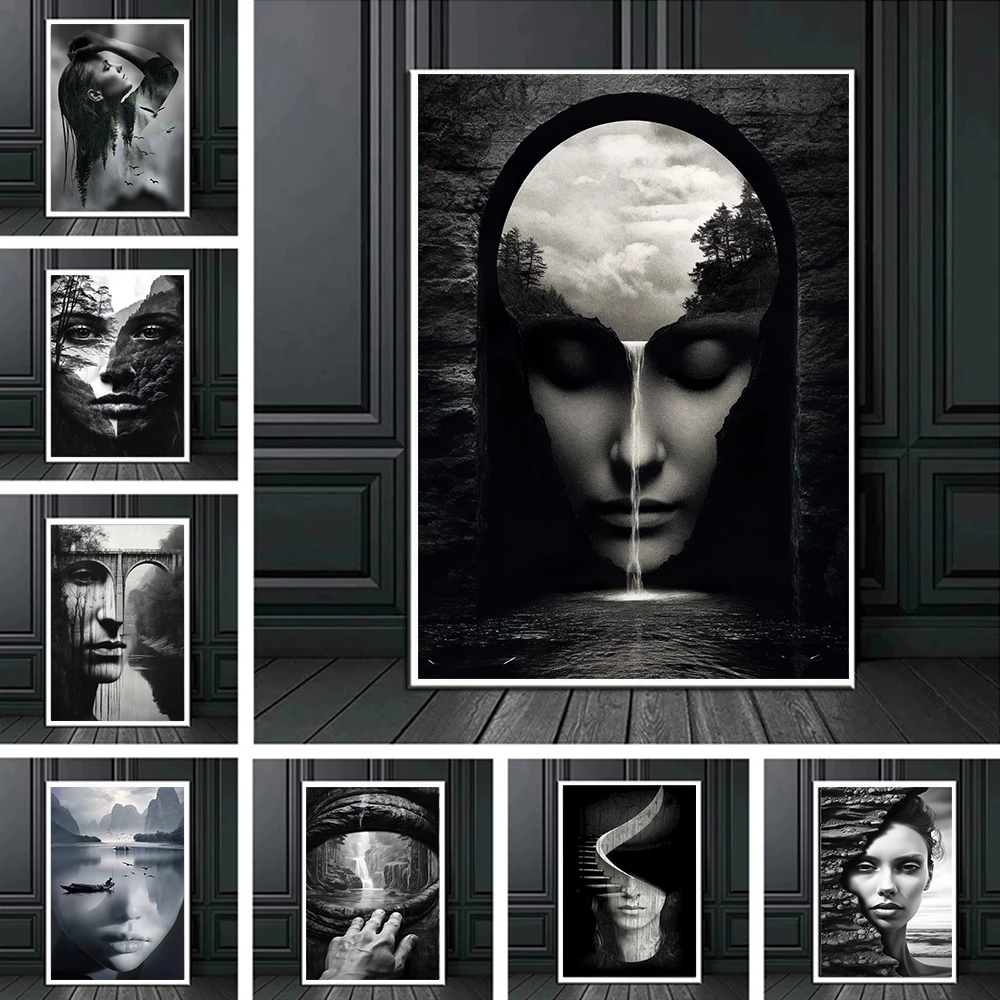 (No frame)Human Nature Woman Portrait Mountain Face Landscape Abstract Art Canvas Painting Aesthetic Wall Poster Print Home P