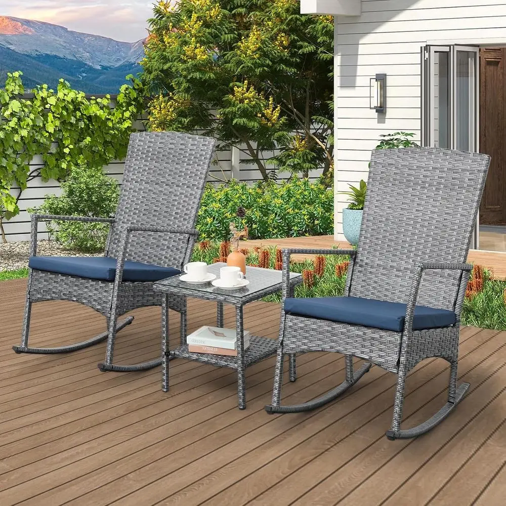 

3-Piece Outdoor High-Back Rocking Chair Set with Bistro Table in Navy Blue