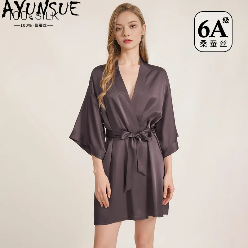 

AYUNSUE 100% Natural Silk Robes for Woman Luxury Solid Color Night Gown Half Sleeve Robe V-neck Women's Pajamas and Robes 잠옷