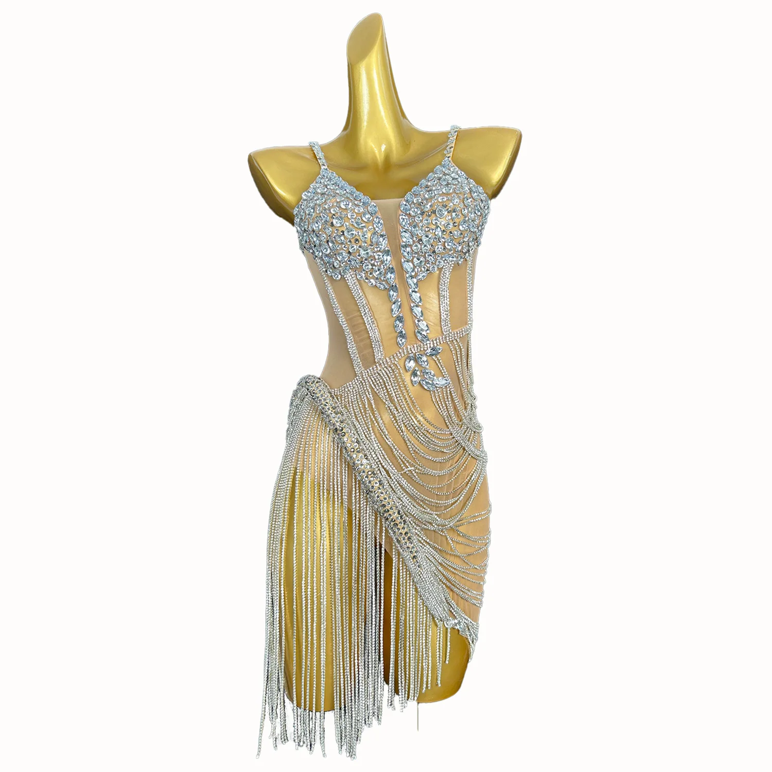 

Sparkly Rhinestones Tassel Latino Dance Dress Women Celebriate Birthday Party Evening Dress Nightclub Sexy Showgirl Dance Wear