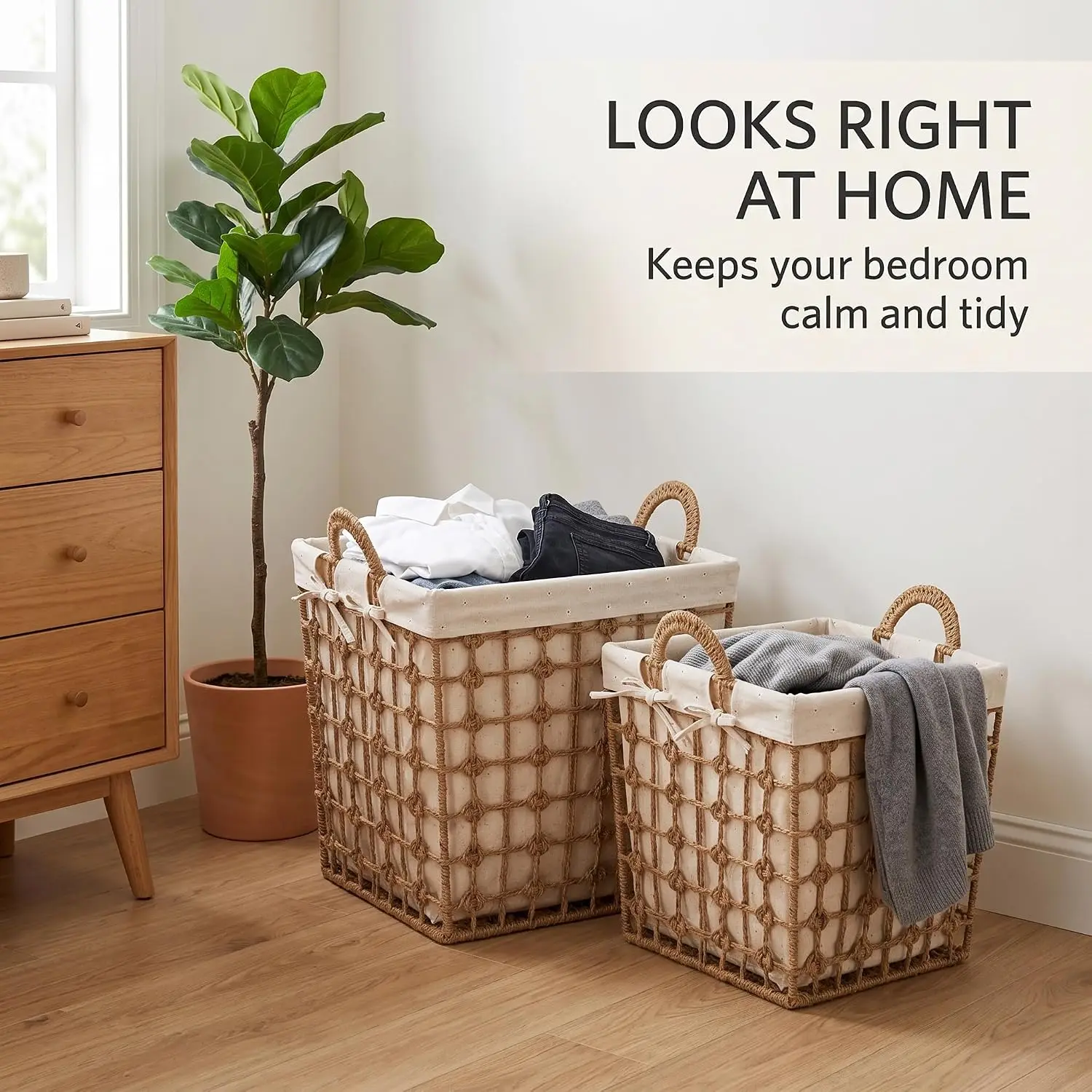 Plant Fiber Laundry Hamper for Stylish Storage, Jute Portable Square Laundry Basket, Square Rope Basket, Large