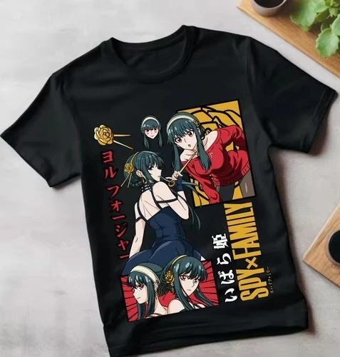 Nueva Camiseta Negra de la Serie Spy X Family 2026, con Texto Rosa de la Familia Forger, Estampado de Manga Anime, Camiseta Oversized para Fanáticos Globales del Anime Spy.