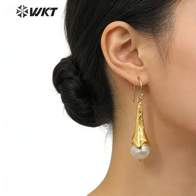 WT-MPE005 WKT Vintage Baroque Pearl Earrings Water Drop Shape 18k Gold Electroplated Jewelry Gift For Lady Accessory
