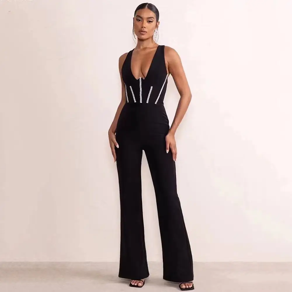 

Faionable Independent Station Deep V-ne Bal Chain Strap Bodysuit Women's Bla Ele Lady's Clothing Straight Leg ...
