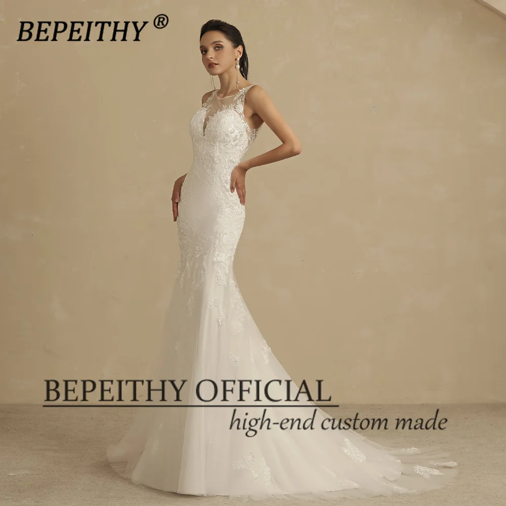 Bepeithy marfim sereia vestidos de casamento sem mangas para as mulheres noiva laço branco colher boho nupcial vestido de festa de gala novo