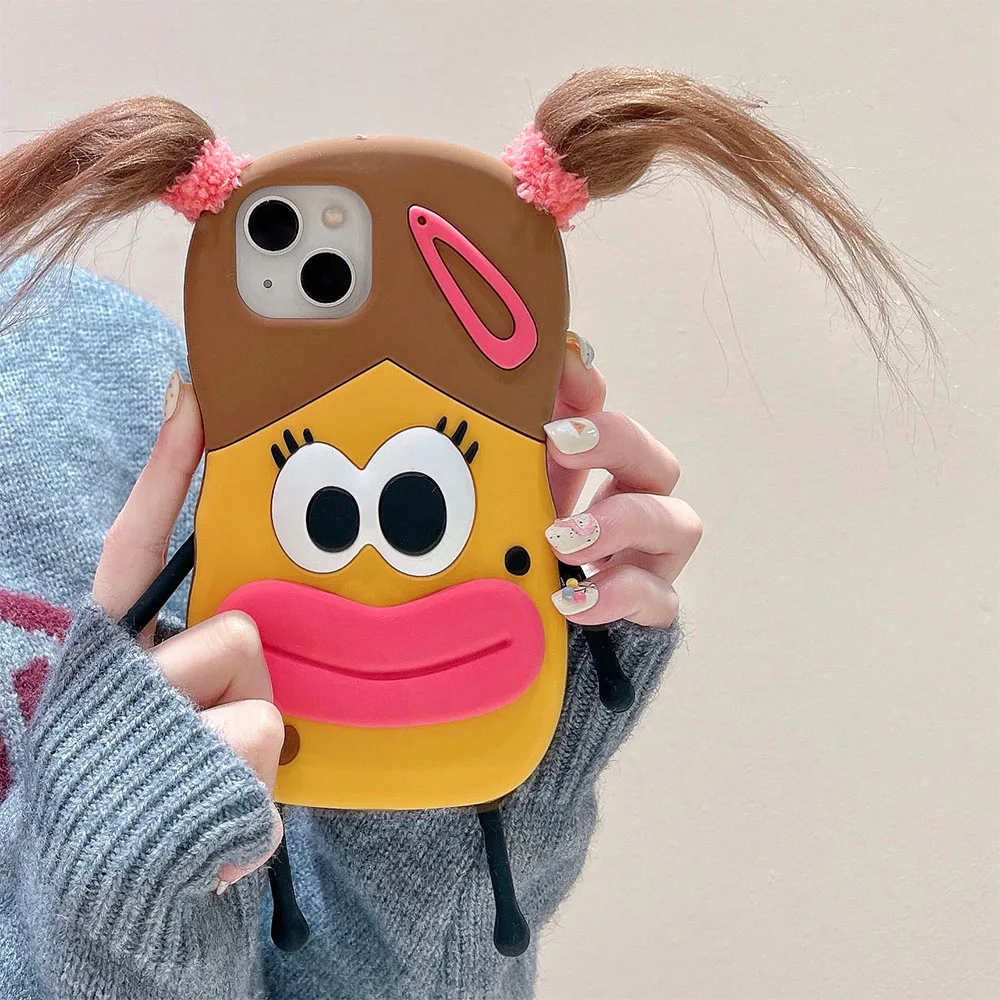 Korean Super Cute 3D DIY Braid Sausage Mouth Pot-face Ugly Girl Silicone case for iphone 15 12 13 14 Pro Max Funny Cartoon Cover