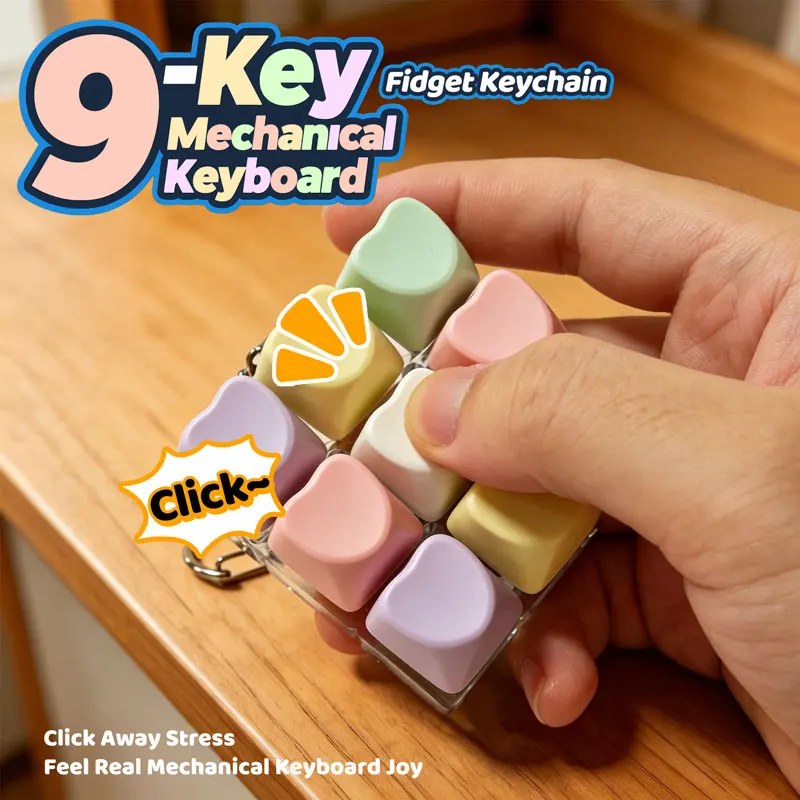 Macaron Heart Shaped 9 Keys Fidget Keyboard Clicker Keychain ASMR Crisp Click Sound Stress Anxiety Relief Portable Sensory Toy