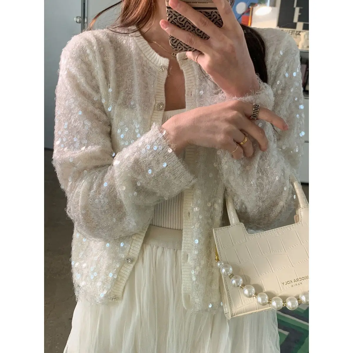 Luxury Women Girls Sequins Knitted Cardigan Beaded Sweater Coat Loose Short Coat Thin Single-breasted Shiny Knitwear Crop Tops