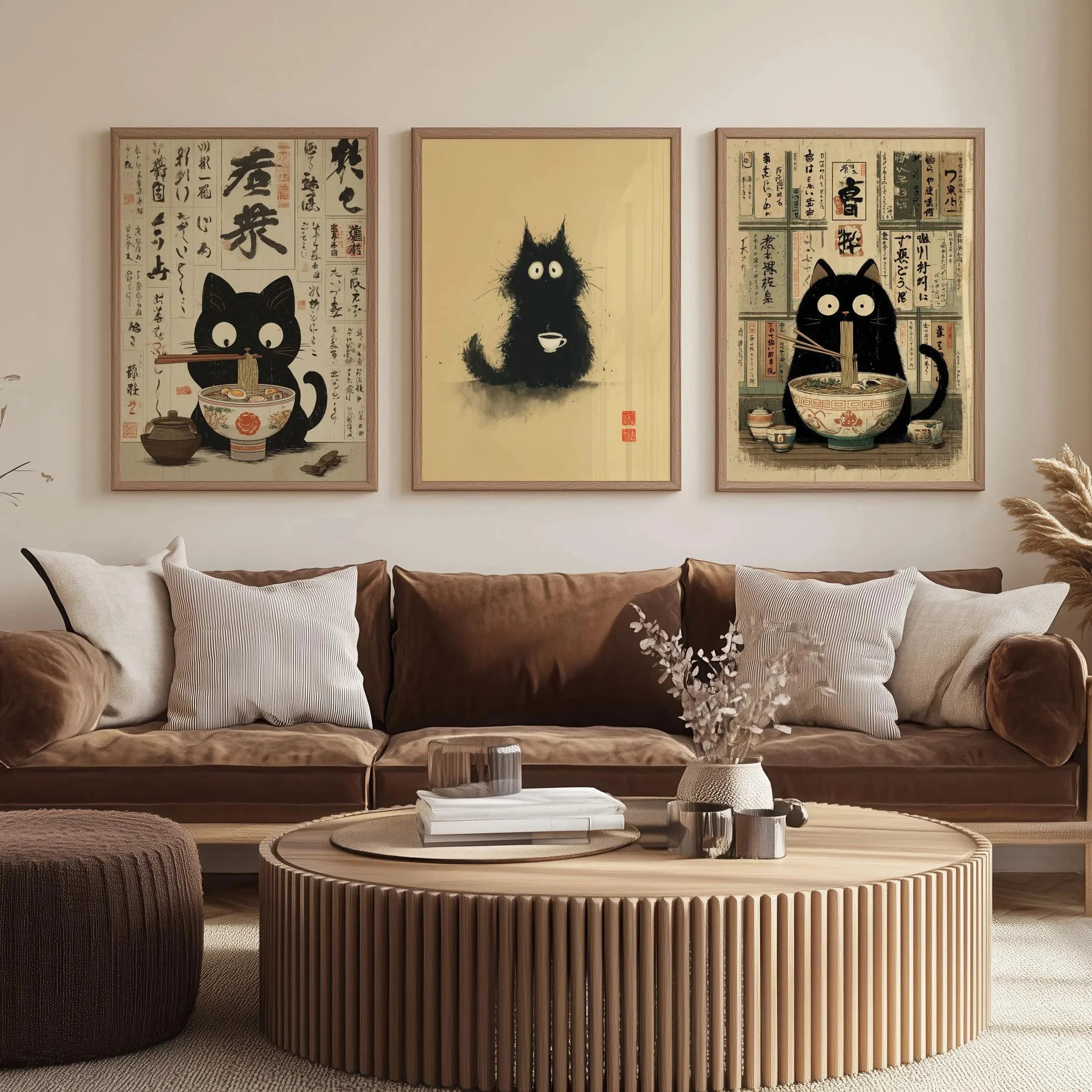 Set of 3 Japanese-Style Cat Art Prints Ukiyo-e Inspired Ramen Posters Whimsical Black Cat Kitchen Decor Fun Noodle Shop Wall Art