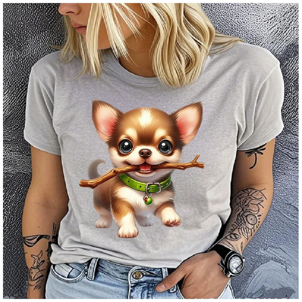 Cotton100% Women Cute Chihuahua Puppy With Stick Print T‑Shirt Short Sleeve Round Neck Animal Graphic Casual Ladies Daily Wear