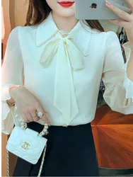 #3238 White Chiffon Office Shirts Blouse Women Turn-down Collar France Style Flare Sleeve Women Shirts Thin Sexy Vintage Spring