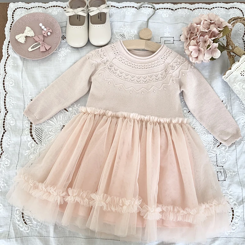 1-7Yrs Kids Knitt Princess Girls Dress Cotton Lace Party Long Dresses Baby Kids Flower Girl Wedding Birthday Children Clothing