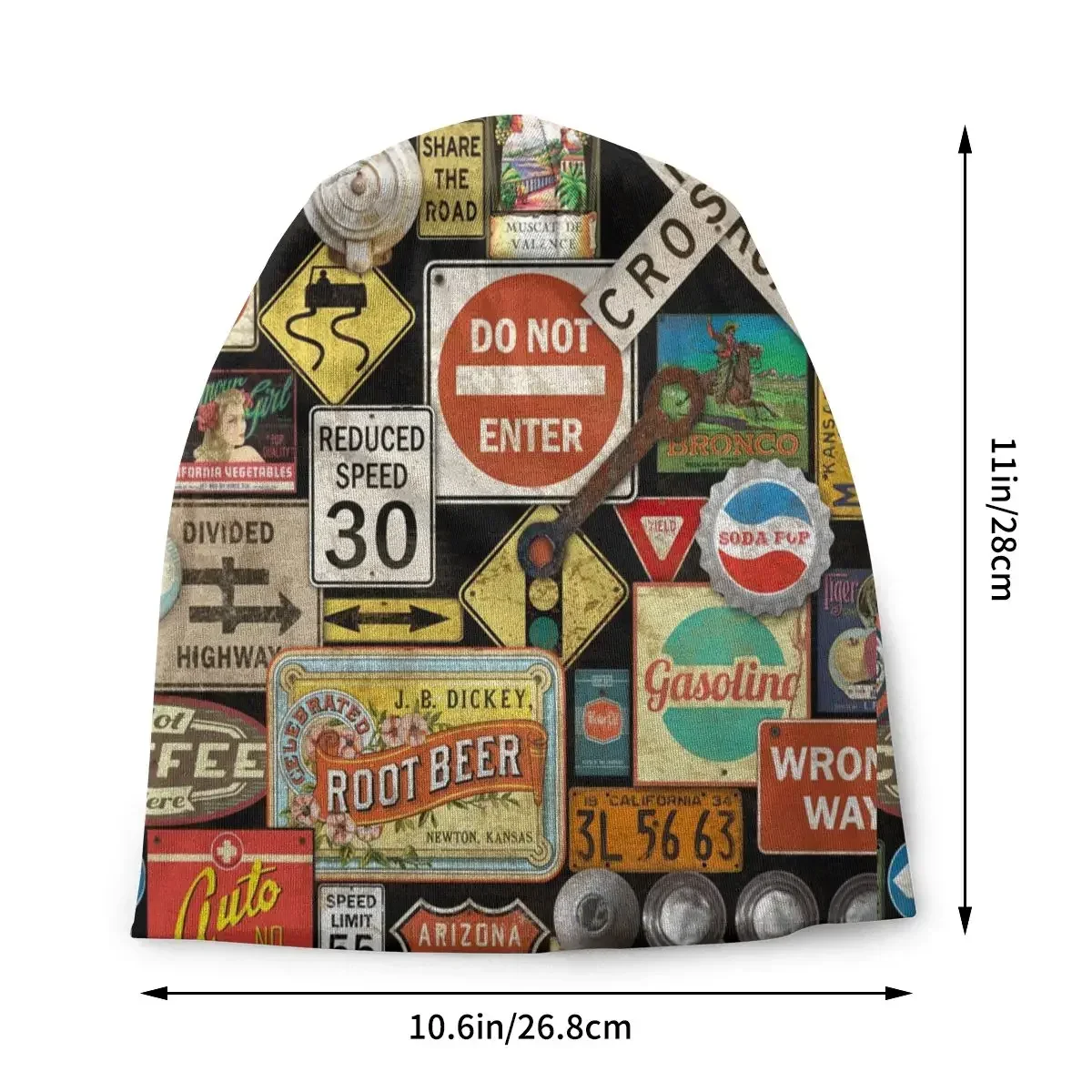 Old Americana Road Signs Vintage Shabby Chic Route 66 Caps Skullies Beanies Hats Male Adult Spring Dual-use Bonnet Knit Hat