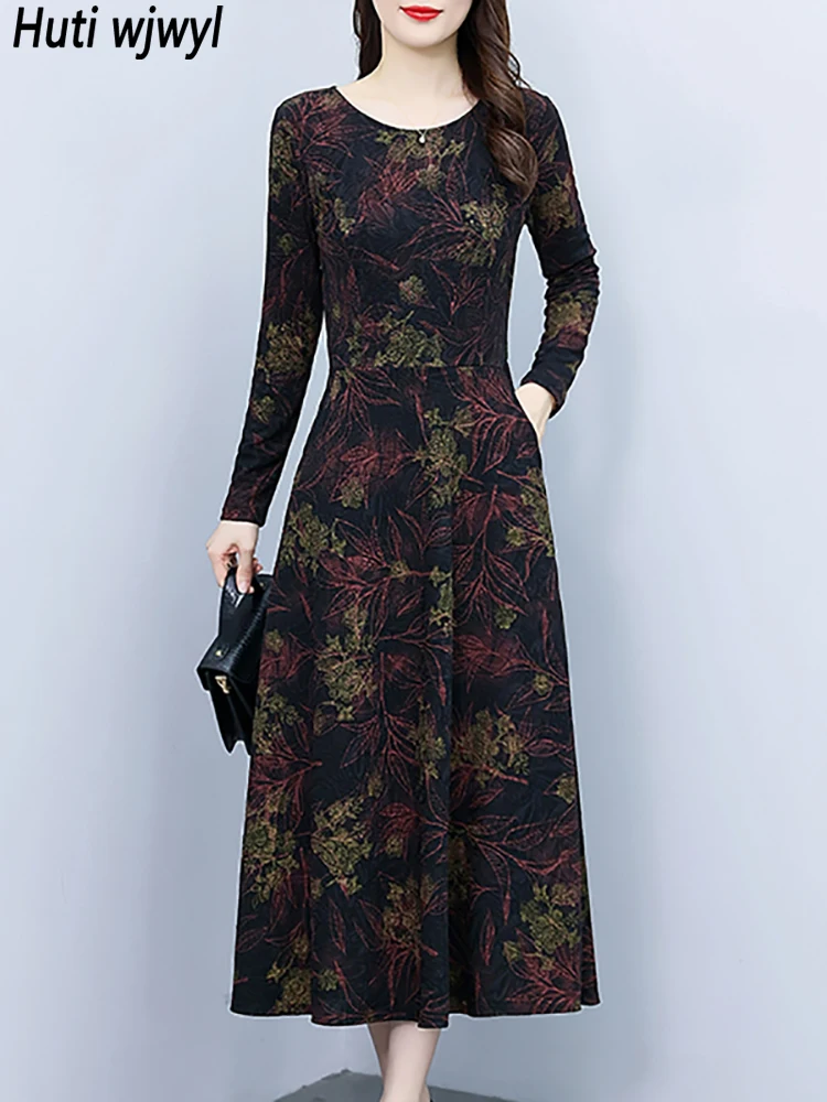 Black Vintage Print Casual Parrty Midi Dress 2024 Autumn Winter Long Sleeve Luxury Long Dress Women Elegant Bodycon Prom Vestido