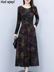 Black Vintage Print Casual Parrty Midi Dress 2024 Autumn Winter Long Sleeve Luxury Long Dress Women Elegant Bodycon Prom Vestido