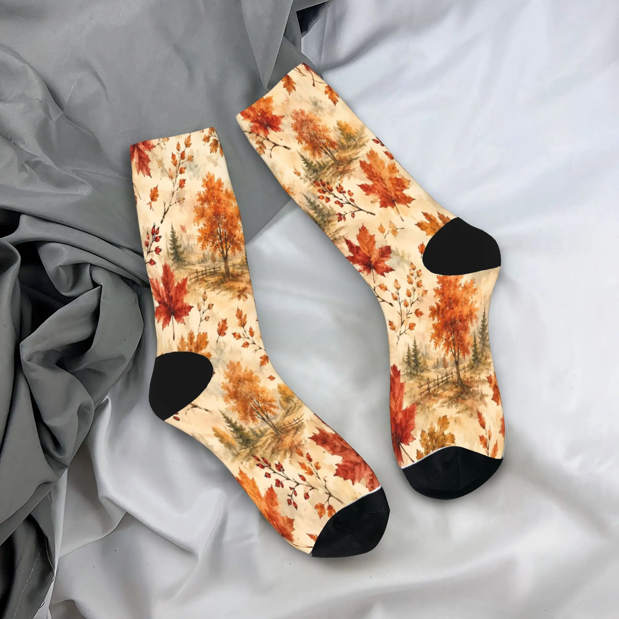 Cozy Fall Leaf Print Stockings  Graphic Funny Socks Winter Anti Bacterial Socks Men Outdoor Soft Breathable Socks